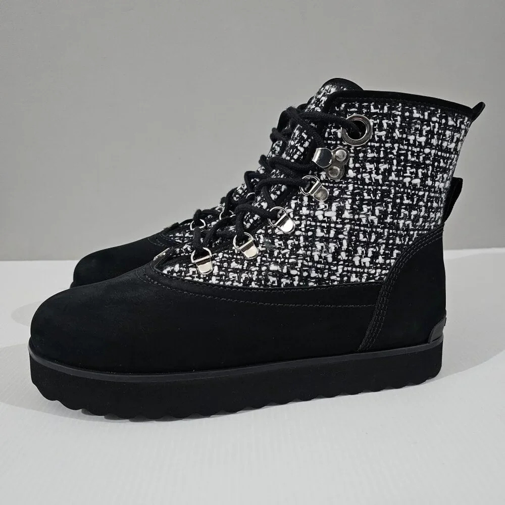 Larroude Black and White Tweed Lace-Up Ankle Booties